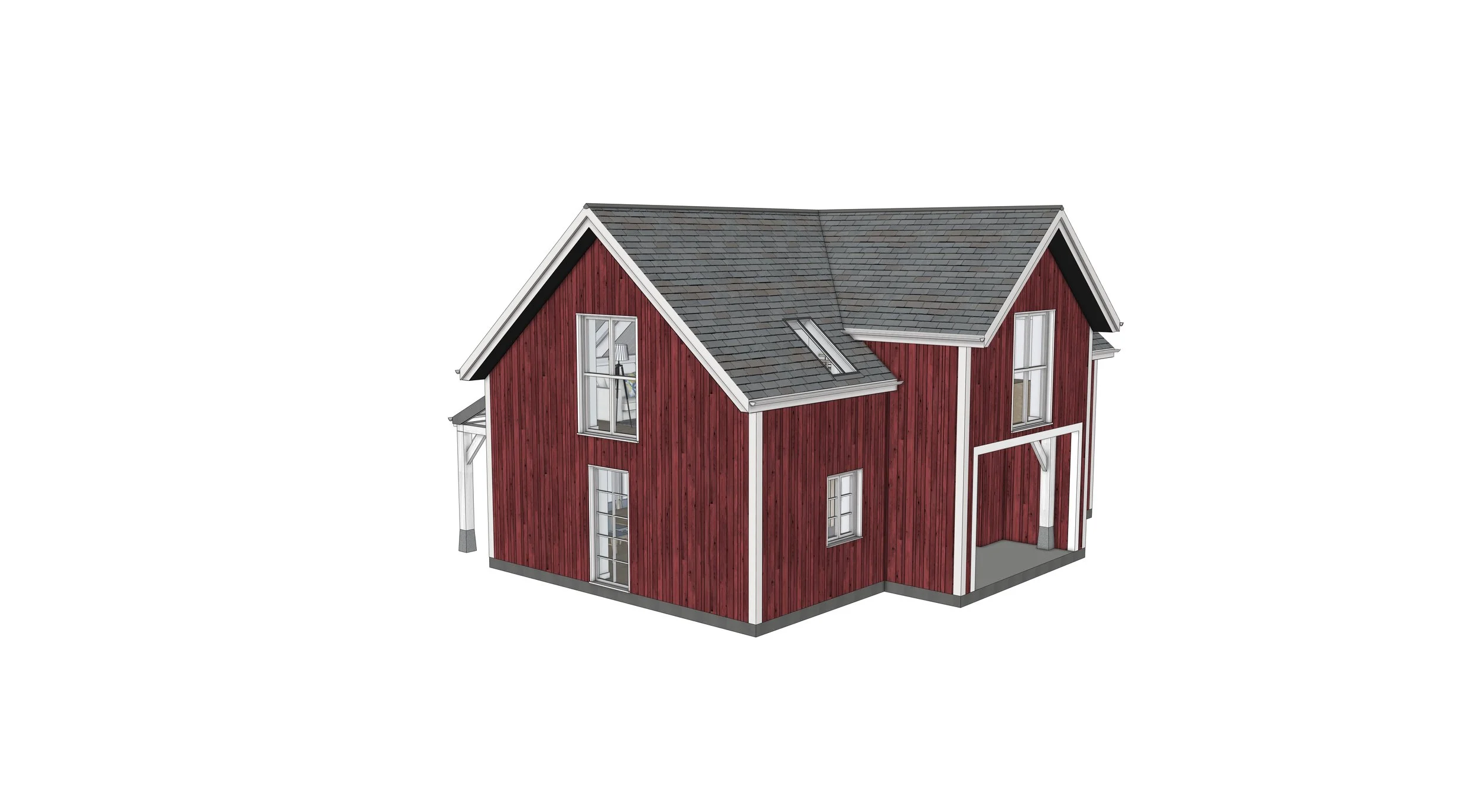A digital rendering of a two-story house with red wooden siding, white trim, and a gray shingle roof, featuring multiple windows and a front porch.