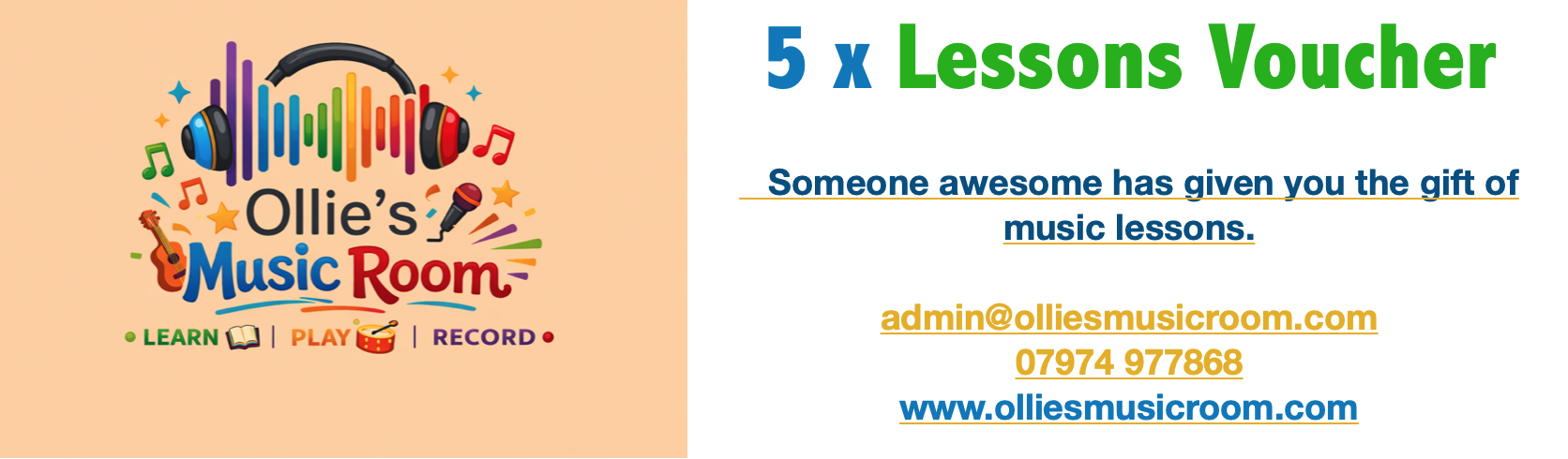 Music Lessons Voucher for 5 x 30min lessons  (instant download)