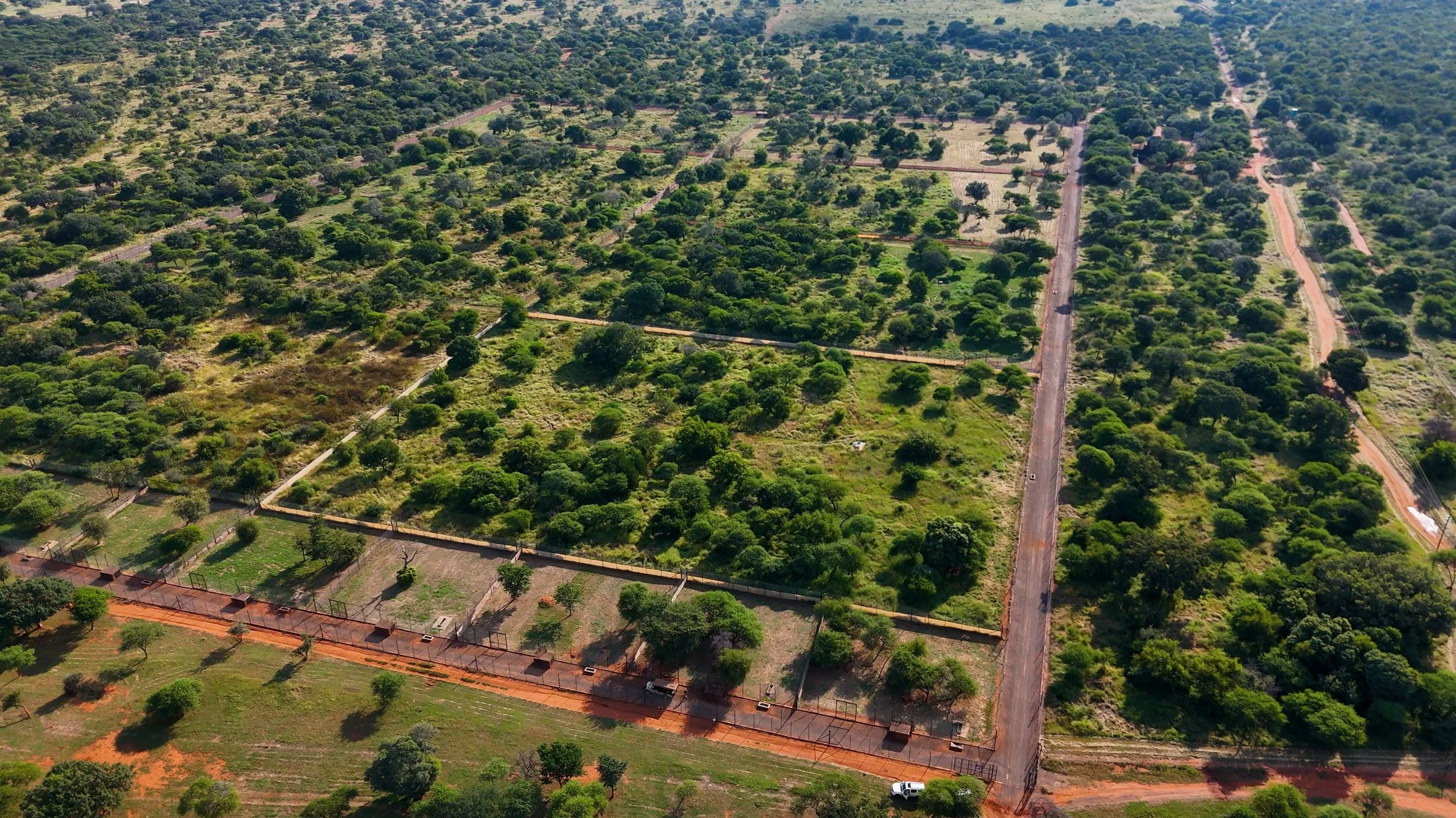 Aerial view of a large green park divided into sections with trees and walkways, enclosed by fences, with dirt roads surrounding and crossing through the area.