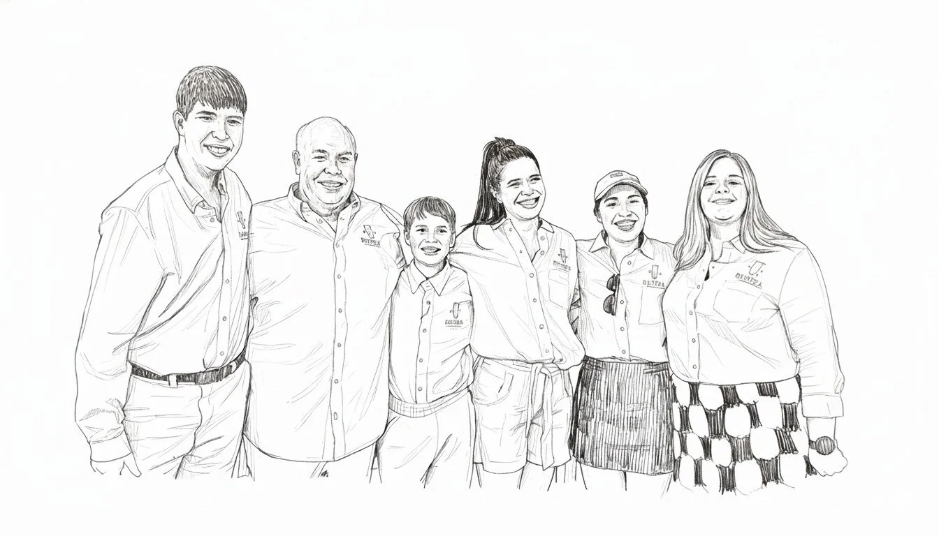 Line drawing of seven people standing together, smiling, dressed in casual or corporate attire, against a plain background.
