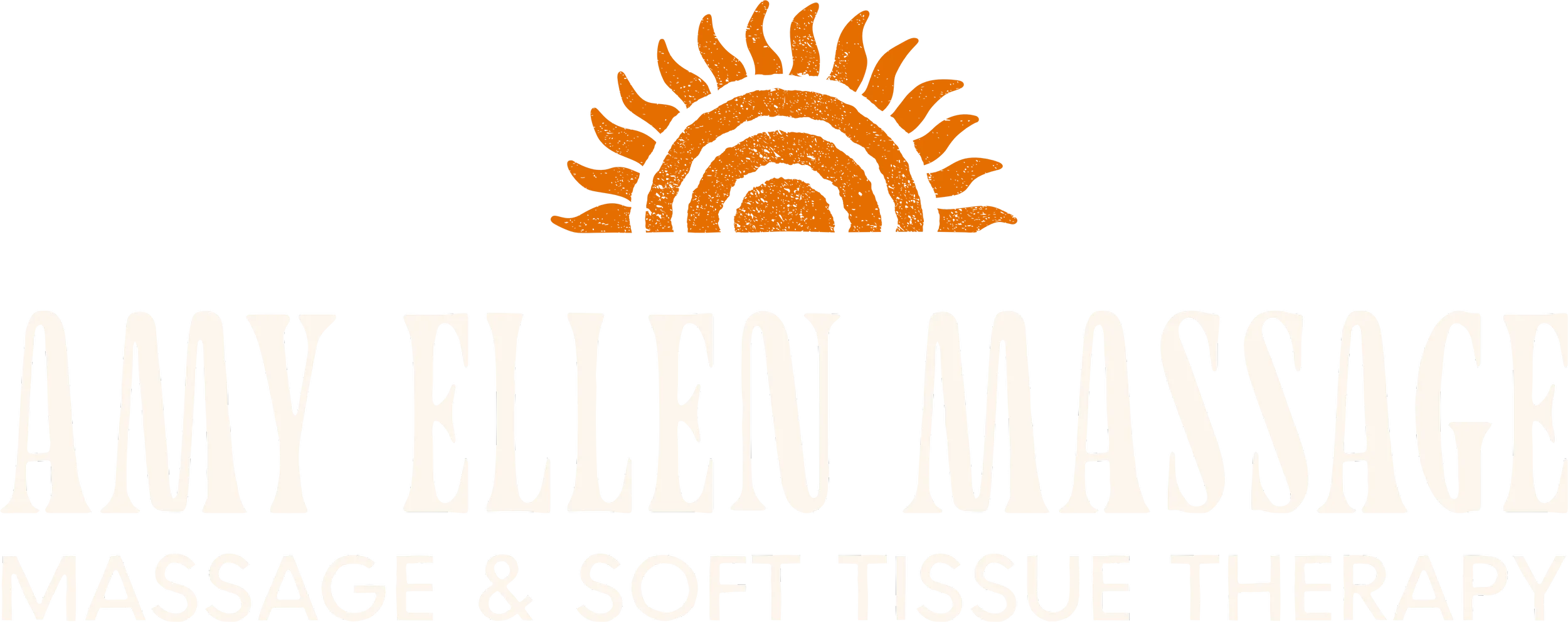 Amy Ellen Massage logo featuring a stylised, burnt orange sun with a ink stamp texture rising, and beneath text reading 'Amy Ellen Massage: Massage & Soft Tissue Therapy'