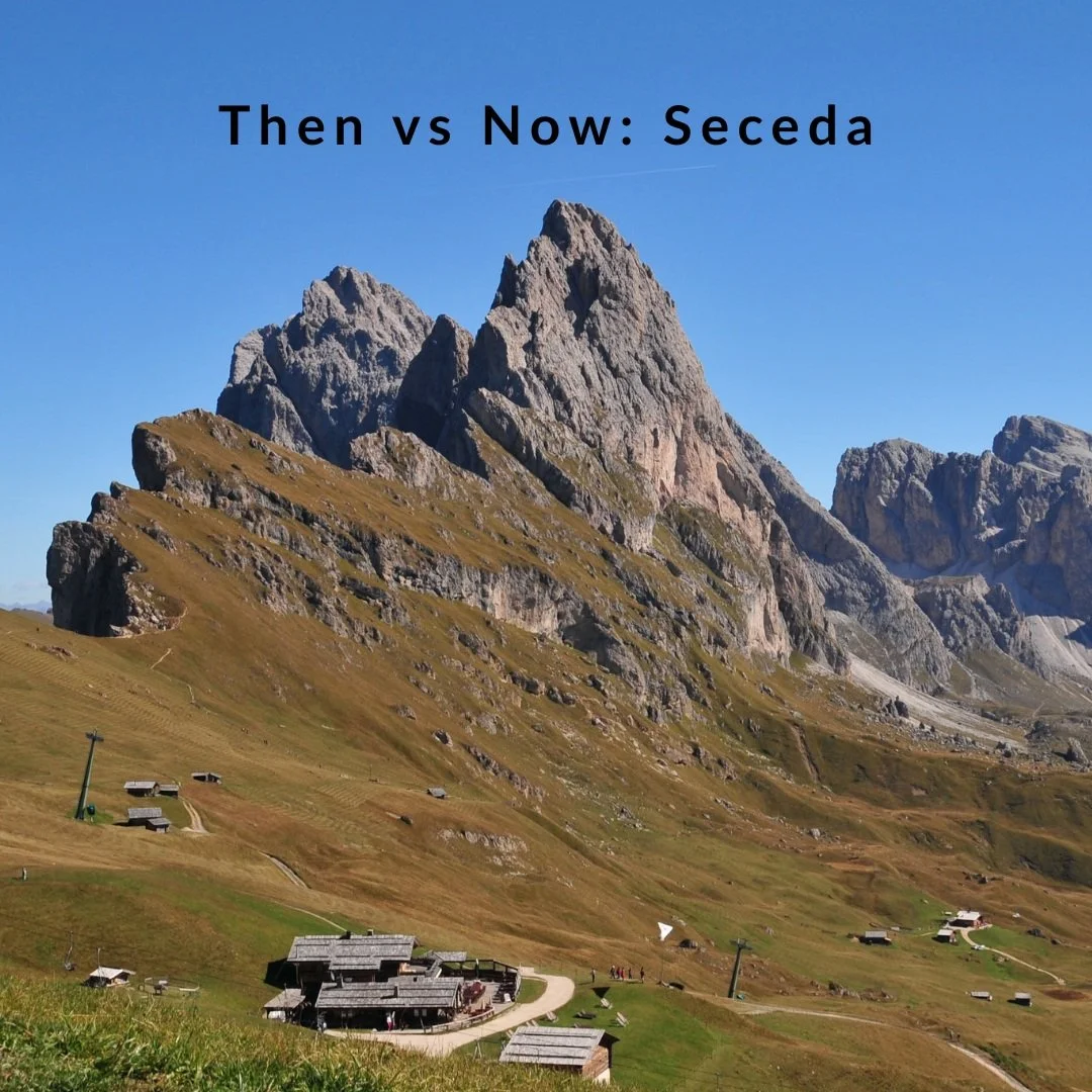 I found this photo from my first visit to Seceda. The path was quiet. No queue for the lift. No one asking me to move so they could get the shot. I want to be clear: I am not here to complain about how the Dolomites have changed. More people discover