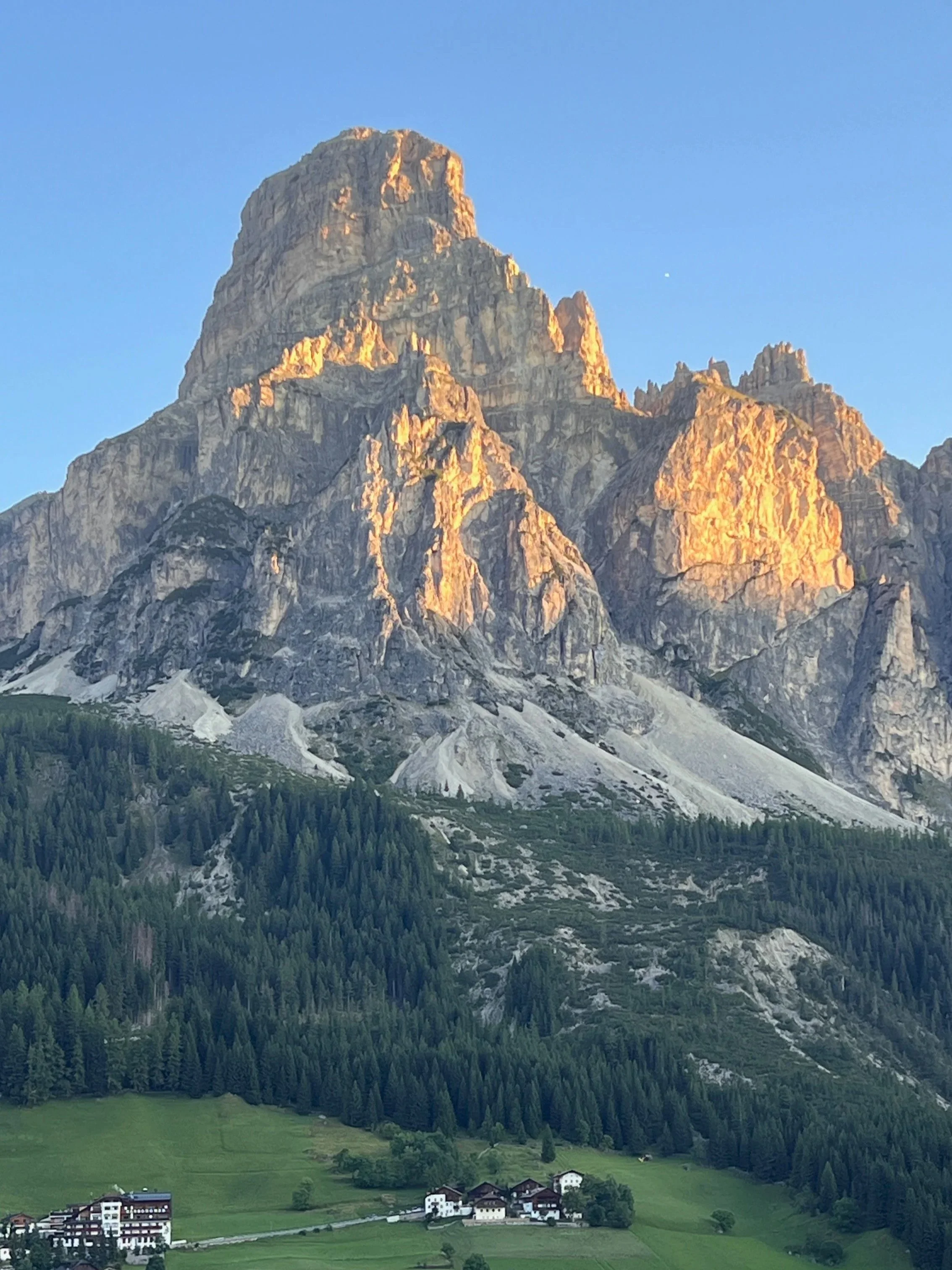 Sassongher peak at sunrise above alpine meadow in the Dolomites