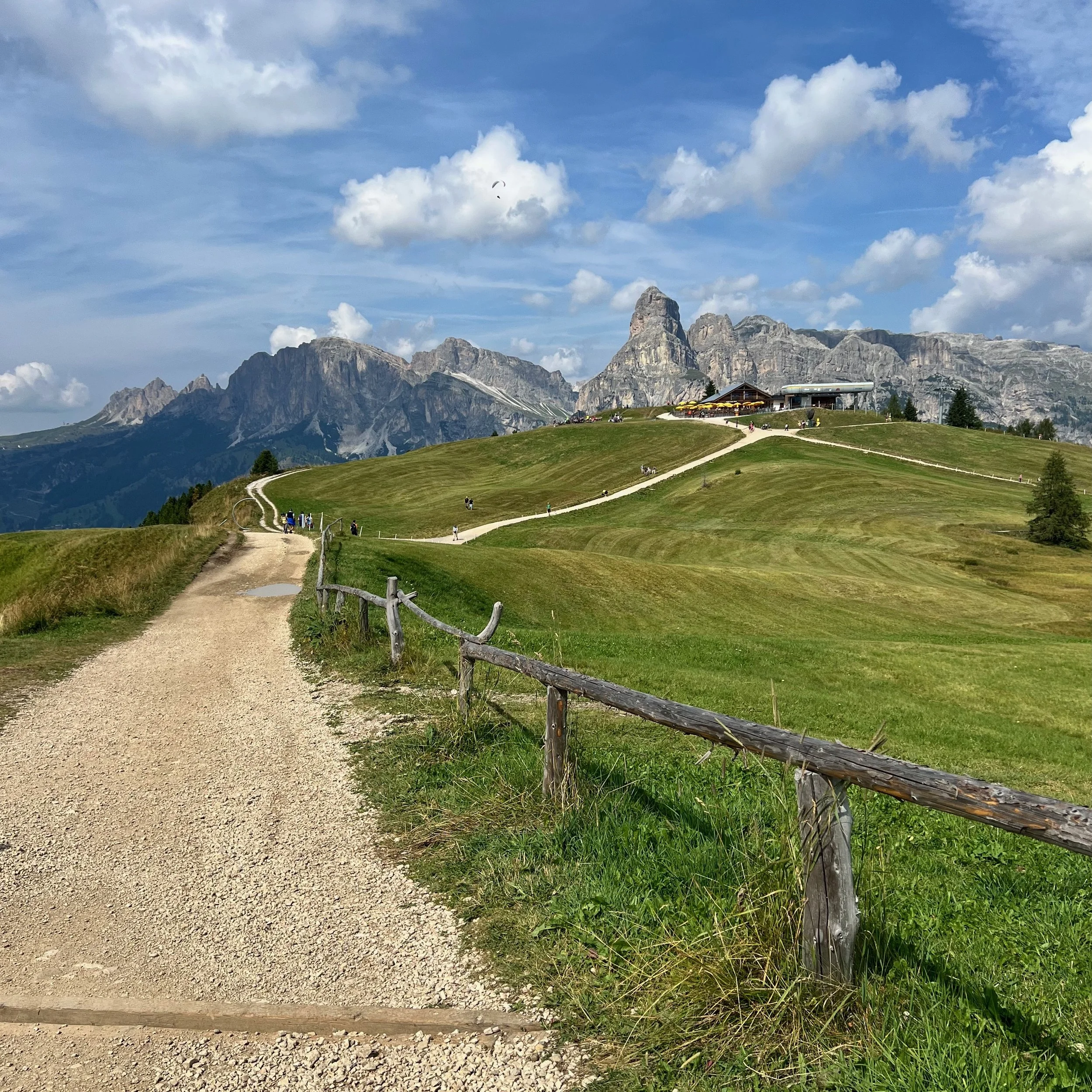 dolomite mountain peaks in background with a wide trail and people walking leading to a rifugio