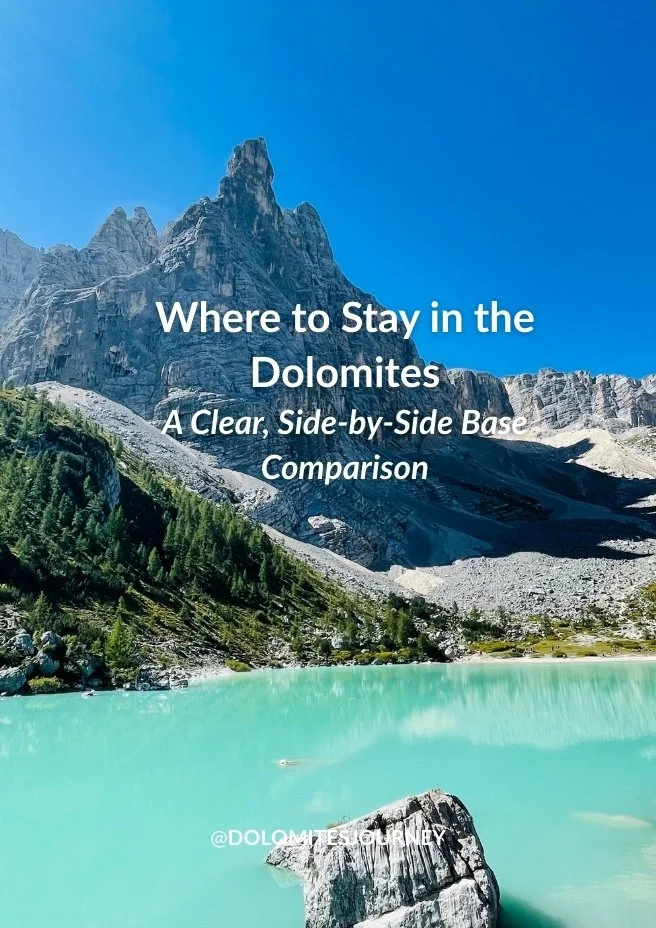 Where to Stay in the Dolomites 2026 base guide cover featuring turquoise alpine lake and dramatic limestone peaks