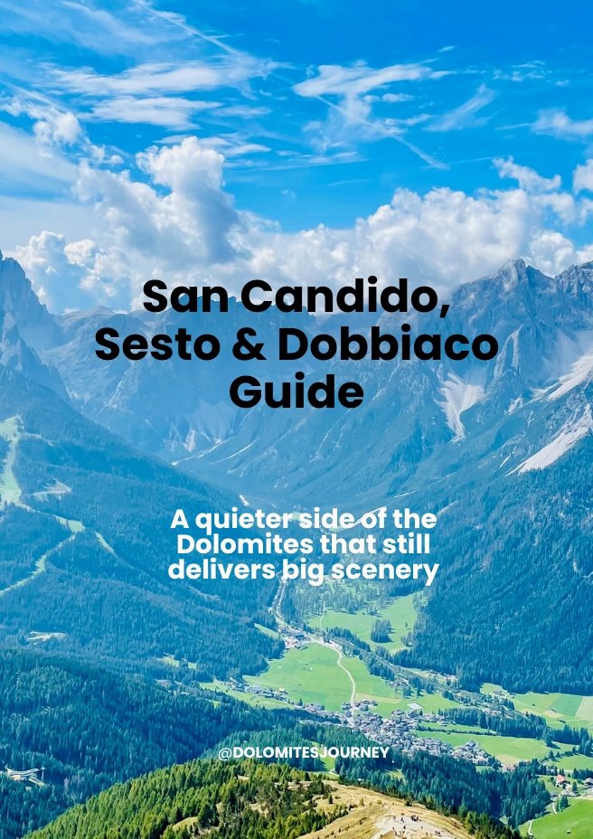 View of the Dolomites near San Candido, Sesto and Dobbiaco with mountain peaks and valley scenery