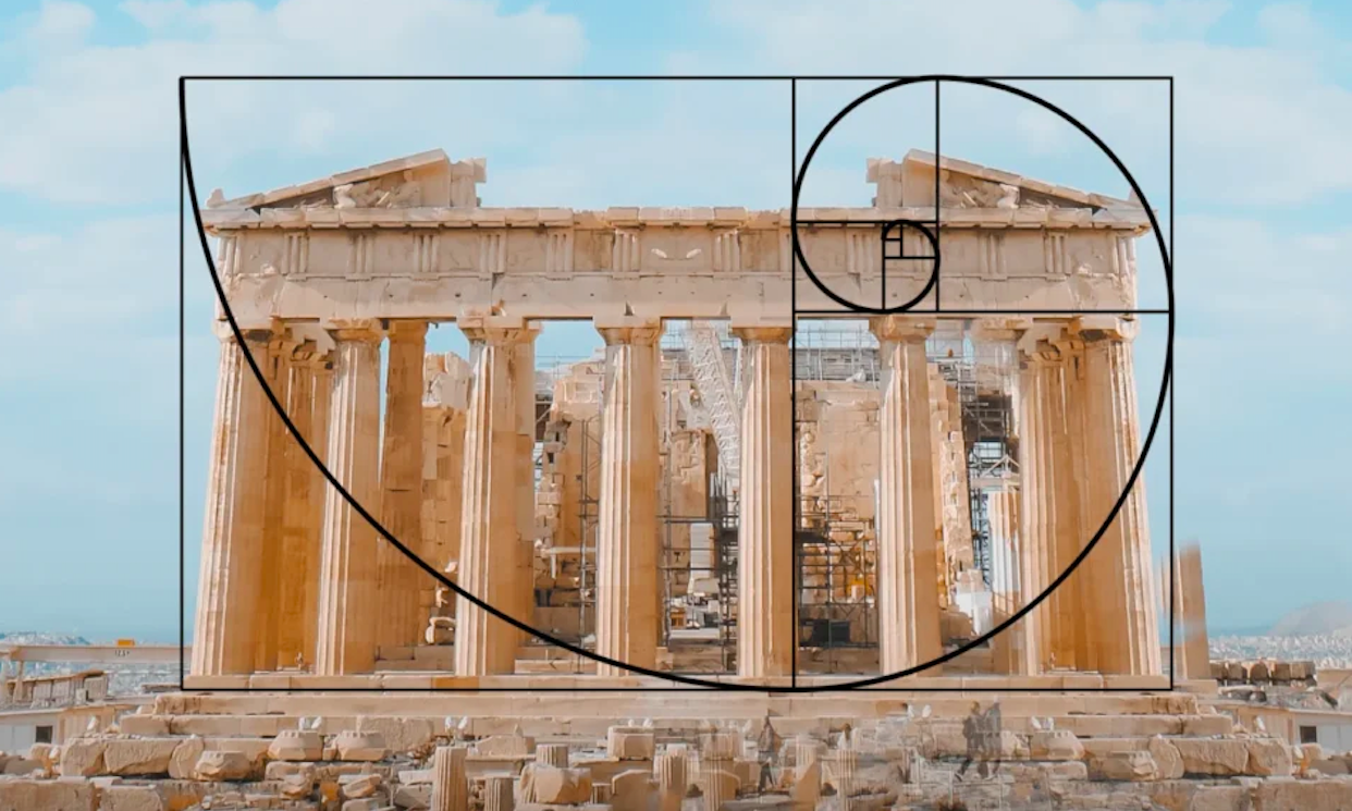 The Parthenon in Athens overlaid with a golden ratio spiral illustrating classical architectural proportions.