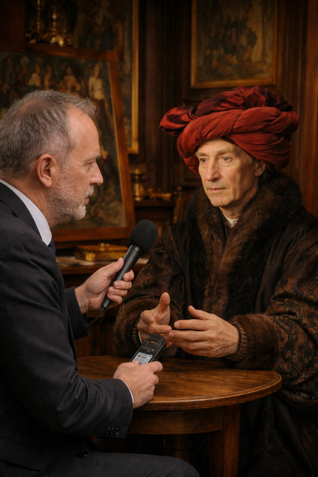 A modern male journalist in a dark suit interviews Renaissance painter Jan van Eyck, who wears a red turban and fur-trimmed robe, seated at a wooden table in a warmly lit, art-filled studio with classical paintings and ornate decor in the background.