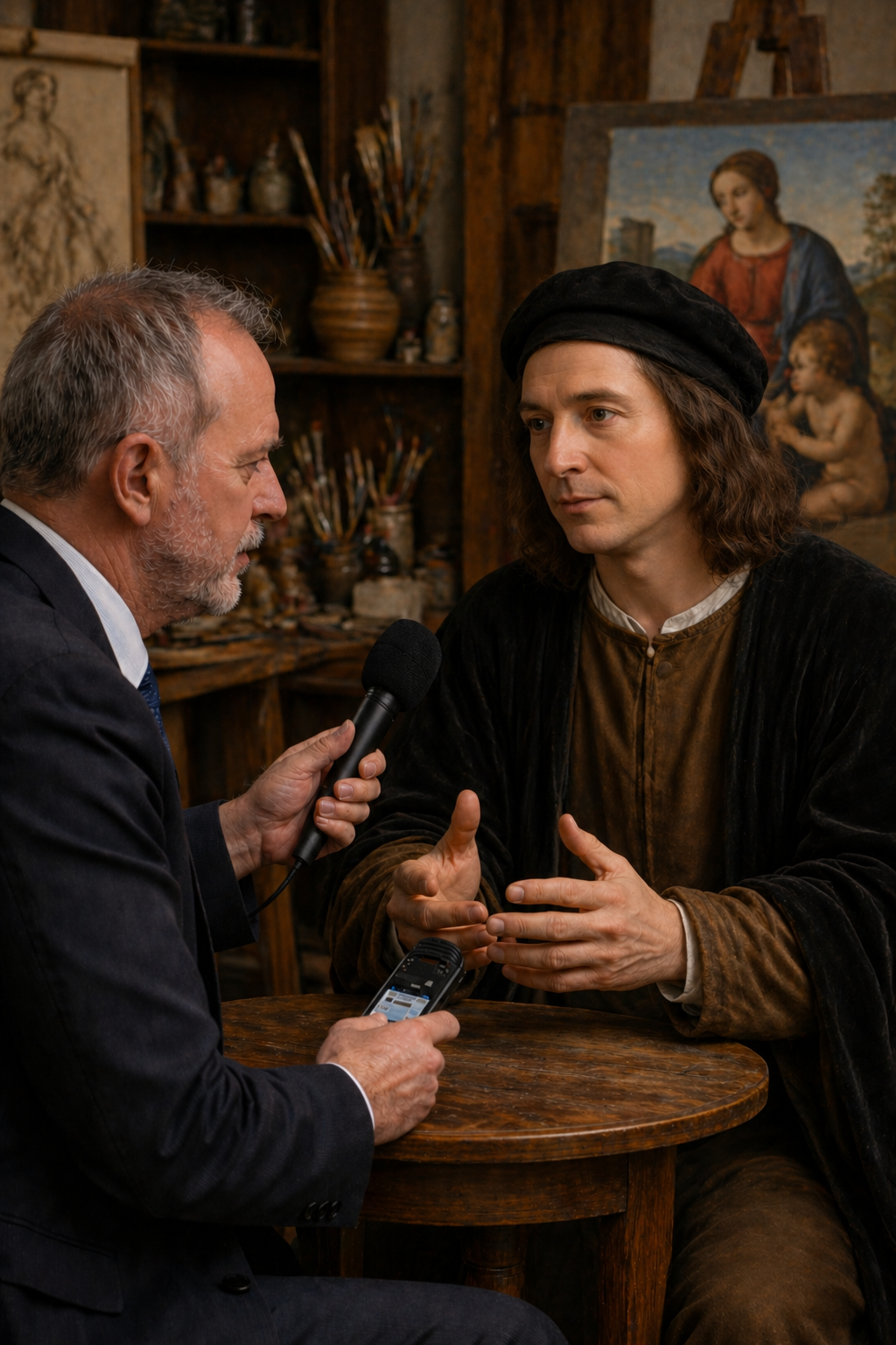 A modern male journalist interviews Raphael, depicted as a Renaissance artist seated at a wooden table in a studio filled with brushes, tools, and paintings.