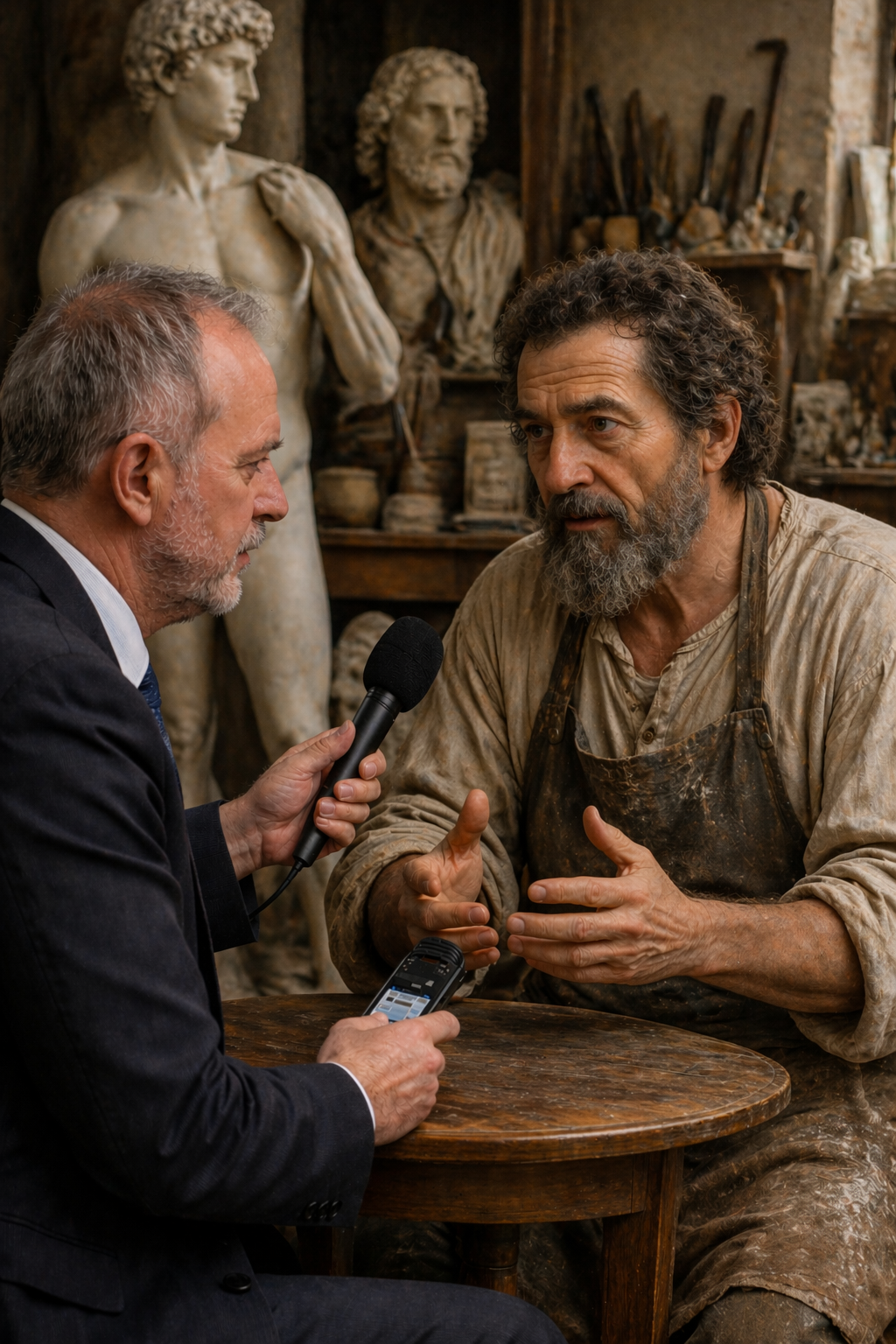 A modern male journalist interviews Michelangelo, depicted as a rugged sculptor in a dusty workshop, seated at a wooden table with unfinished statues and carving tools in the background.