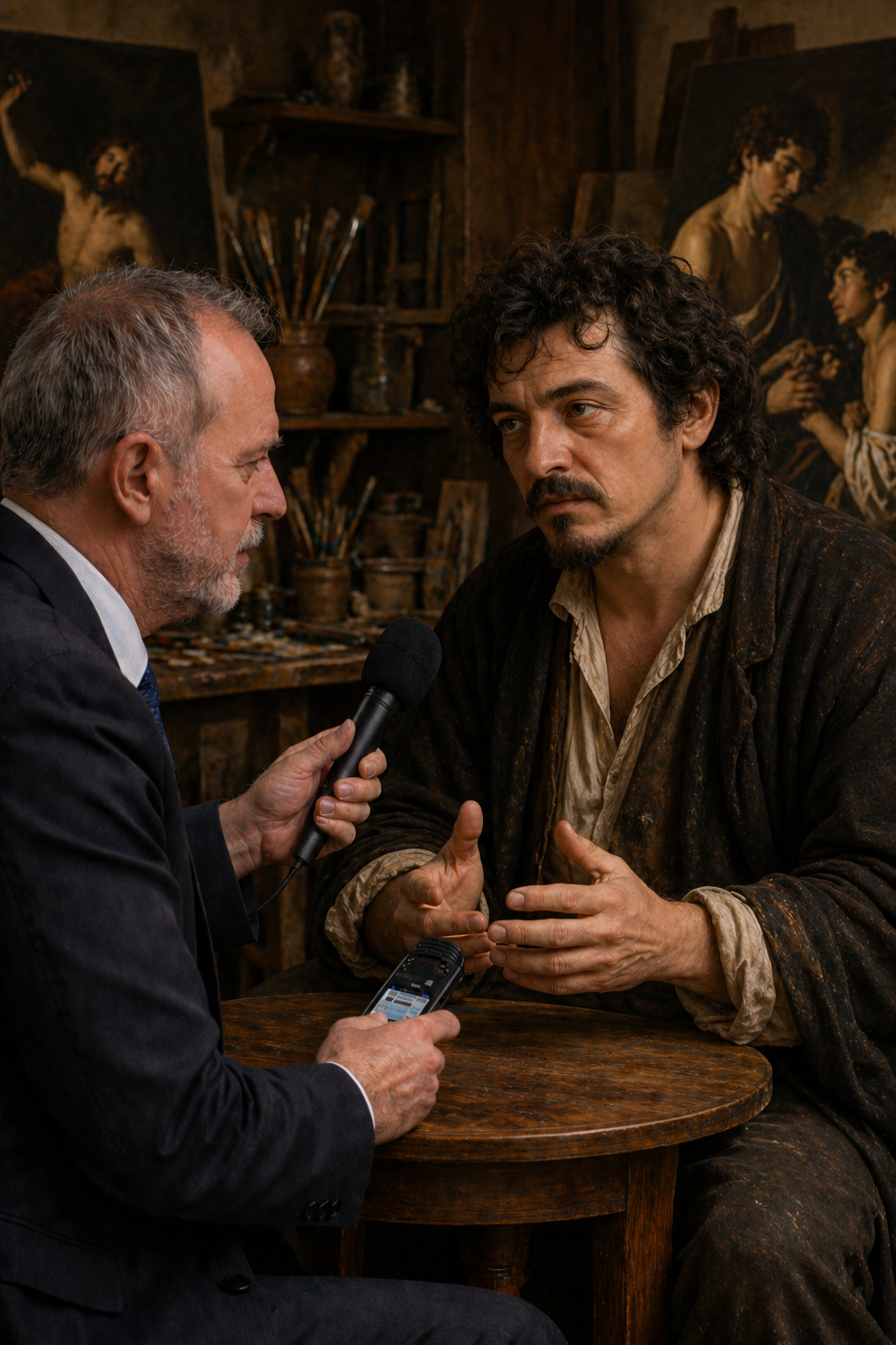 A gray-haired journalist in a suit holds a microphone toward Caravaggio, portrayed with curly hair and a worn shirt, seated at a wooden table in a shadowy studio filled with paintbrushes, palettes, and chiaroscuro-style paintings behind him.