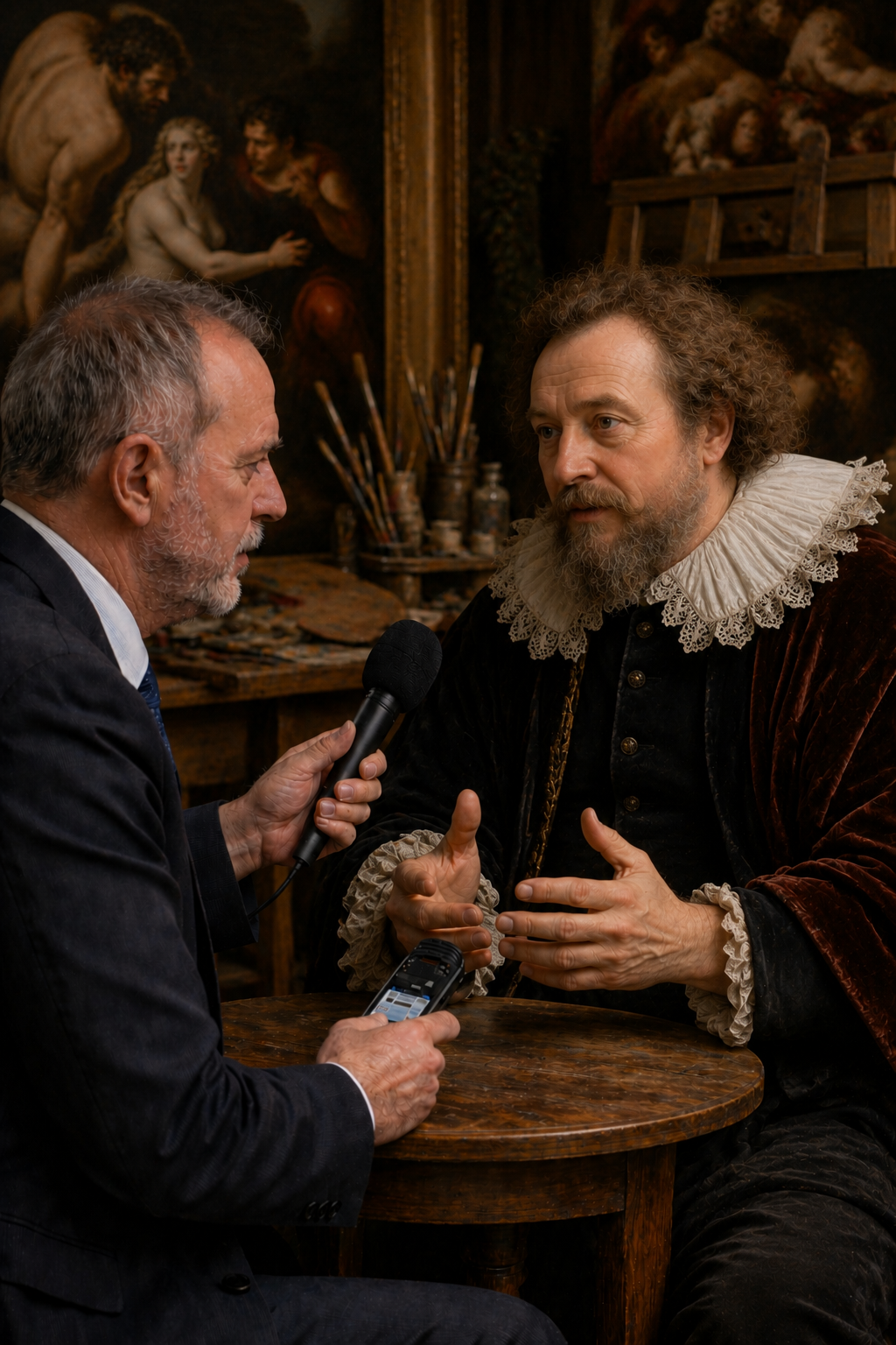 A modern male journalist interviews Peter Paul Rubens, depicted in ornate 17th-century clothing inside a richly decorated Baroque studio filled with paintings, brushes, and art supplies.
