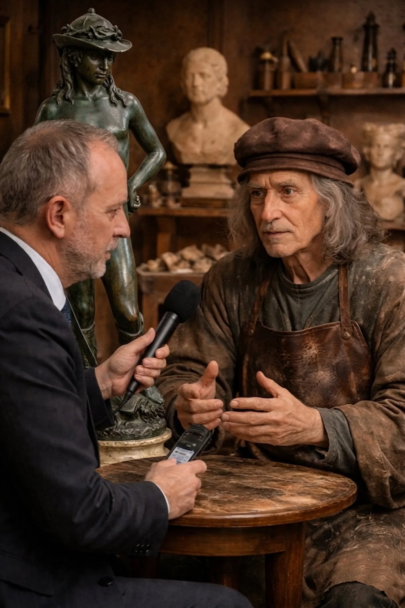 A modern male journalist interviews sculptor Donatello, who wears a work apron and cap, seated at a wooden table in a warm, cluttered workshop filled with statues and sculpting tools.
