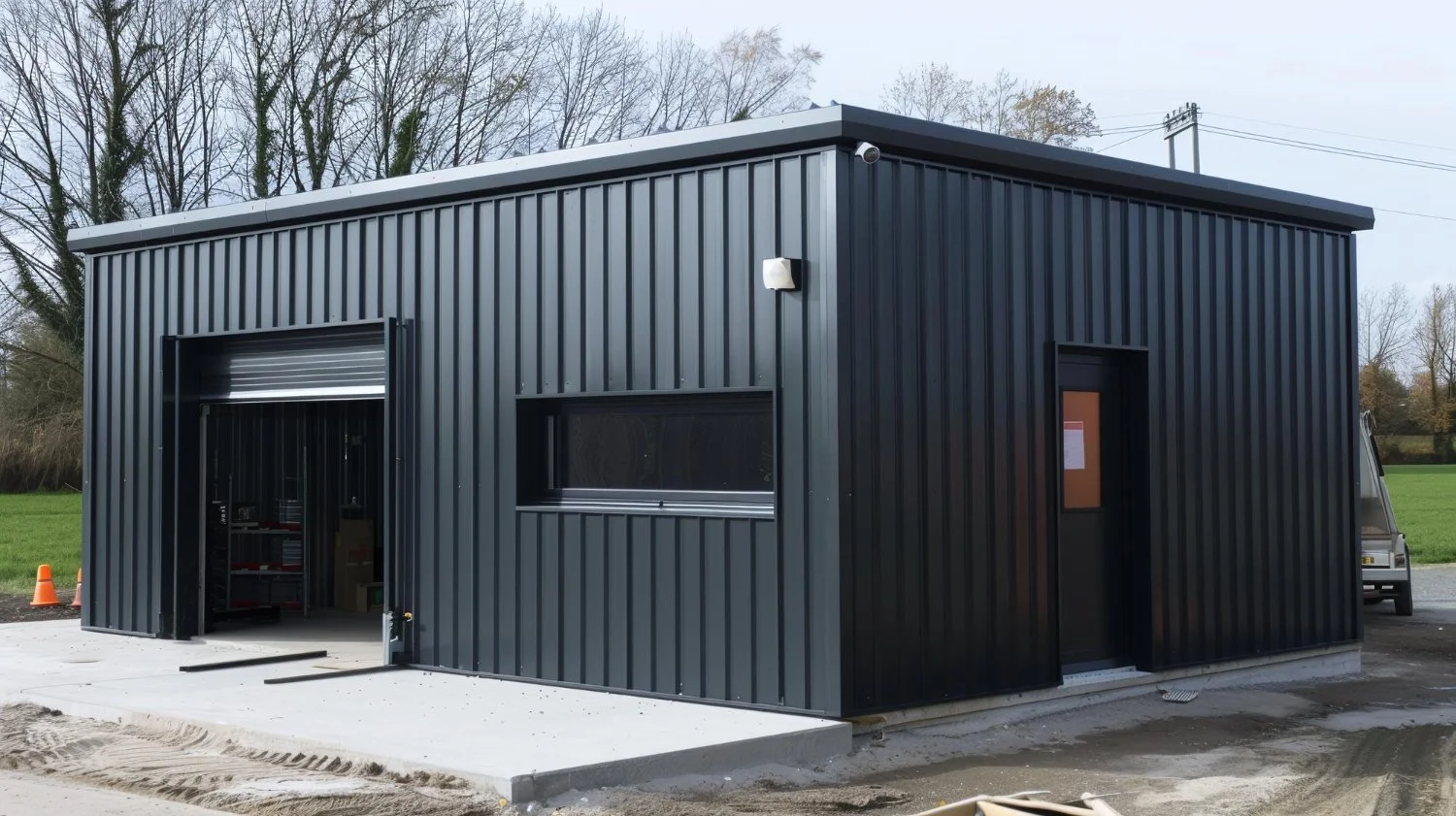 Nahaufnahme eines bemannten Jet-Flugzeugs mit Propeller auf dem Boden vor einer großen Metallhalle bei Sonnenuntergang.