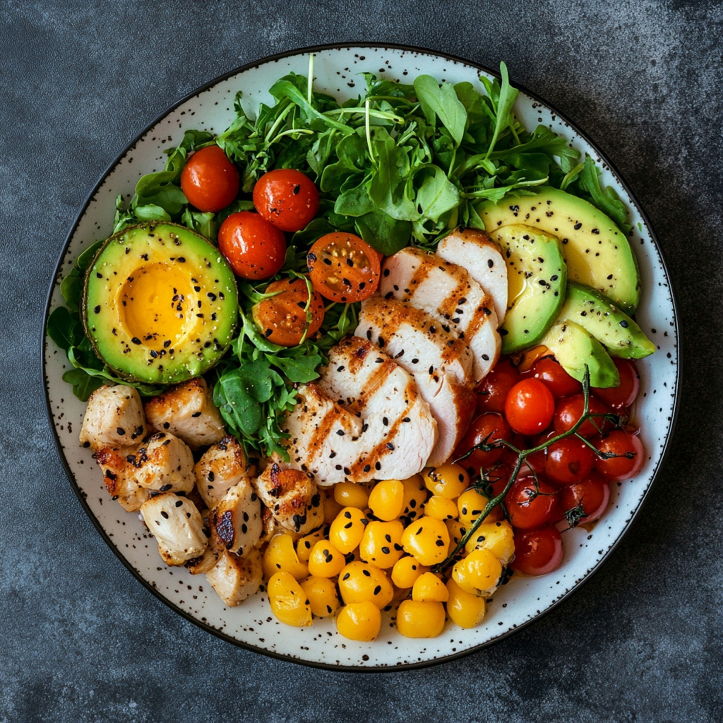 A salad with cherry tomatoes, sliced avocado, grilled chicken, yellow berries, diced chicken, and greens, topped with black sesame seeds.