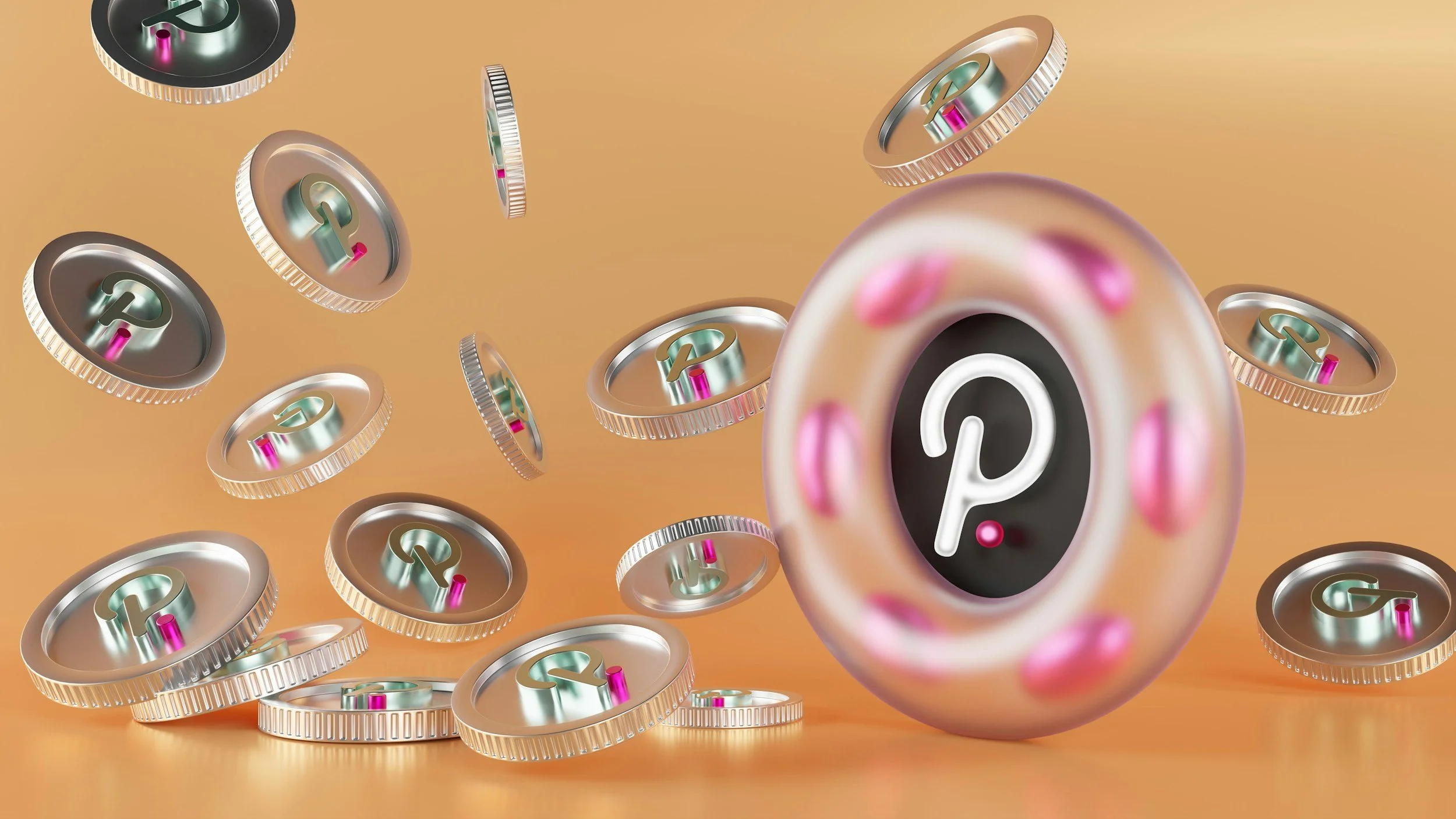 Digital illustration of falling coins with the Pinterest logo on them, featuring a pink, teal, and silver color scheme with a peach background.