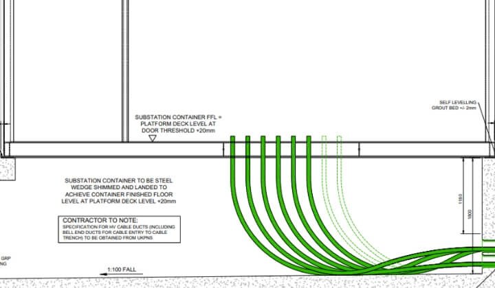 Technical drawing showing substation cable duct layout at Cody Technology Park.