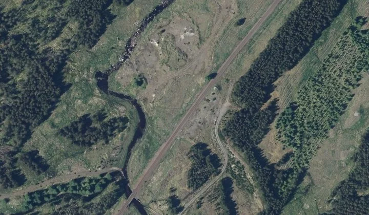 Aerial view of Barracks Rail Crossing site in remote Scottish forest, location of Northpoint Geotechnical’s investigation for new timber access rail crossing.