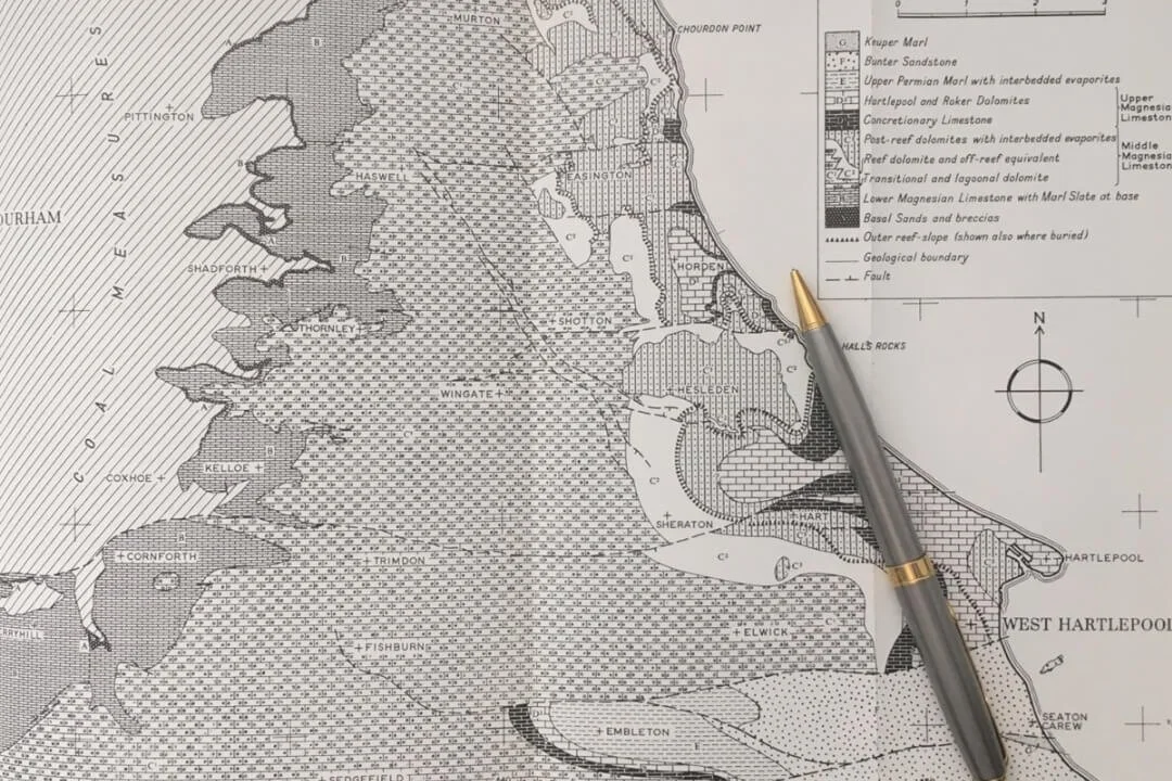 Geological map of North East England with pen, showing ground conditions for Phase 1 Desk Study reports.