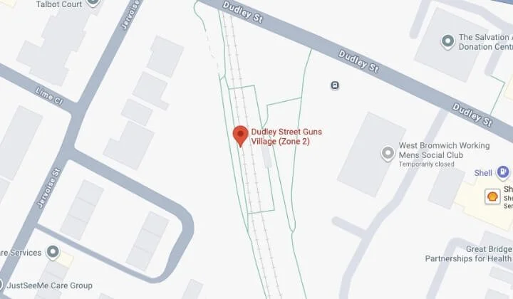 Map view showing the location of Dudley Street / Guns Village Metro Bridge in Birmingham for geotechnical assessment.