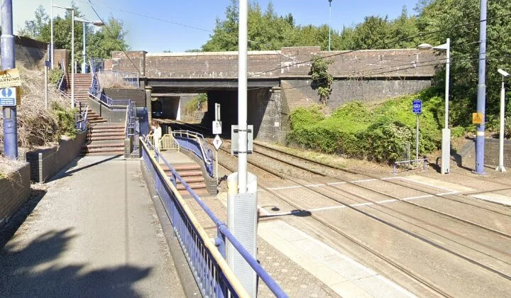 View of Dudley Street Metro tram station and bridge structure in Birmingham ahead of temporary works.