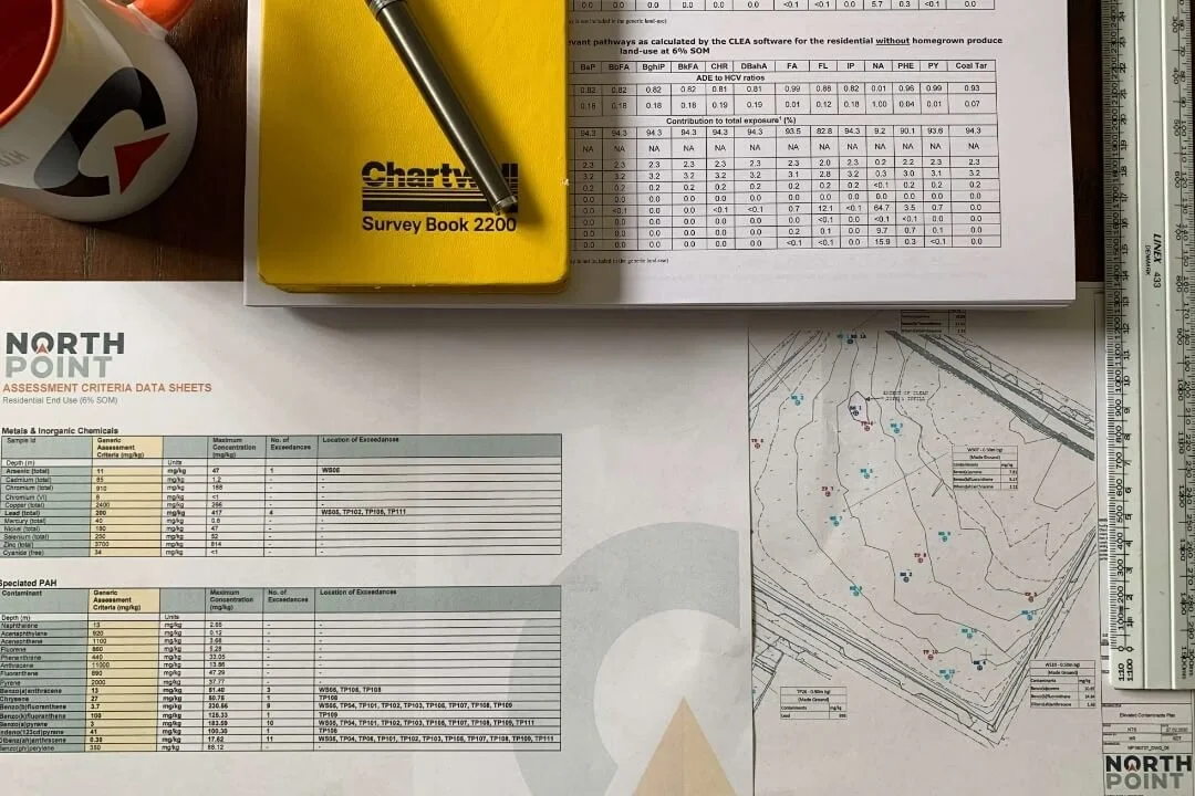 nvironmental data sheets, survey book, and site layout used in Phase 1 Desk Study investigations by Northpoint.