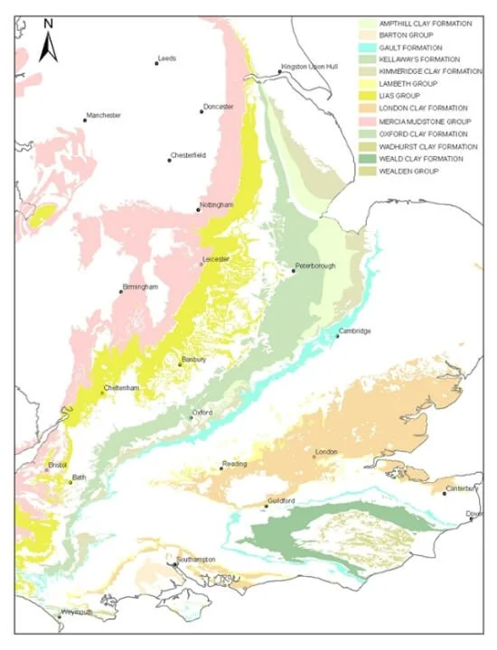 Geological map of southern England highlighting soil and clay formations for Phase 1 Desk Study analysis