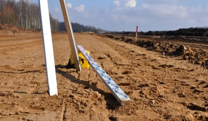 Surveying equipment measuring sandy soil ground levels for geotechnical design consultancy.
