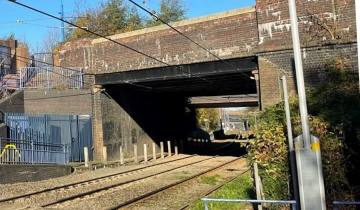 Close-up view of the Dudley Street Metro Bridge structure in Birmingham requiring geotechnical assessment.