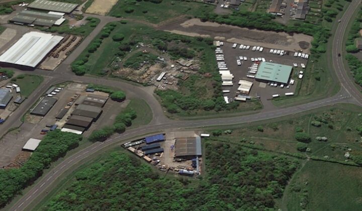 Aerial view of commercial development site in Leadgate, Consett, assessed by Northpoint Geotechnical for coal mining risk and ground stability.