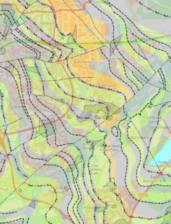 Geological survey map of Washington, County Durham, showing soil and rock strata for site investigation desk study