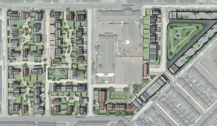 Proposed site plan for Gresham Development showing layout of new residential housing and green spaces supported by geotechnical site investigation.