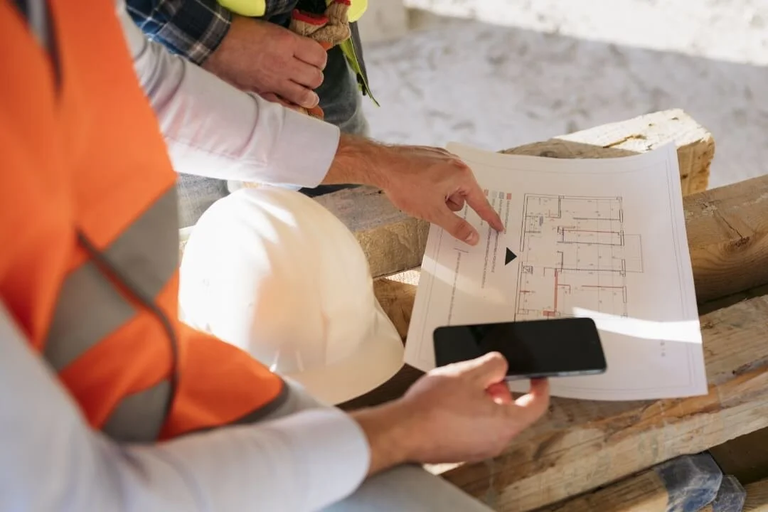 Engineer pointing at floor plans during a site walkover survey, with hard hat and phone, noting access, services and investigation targets.