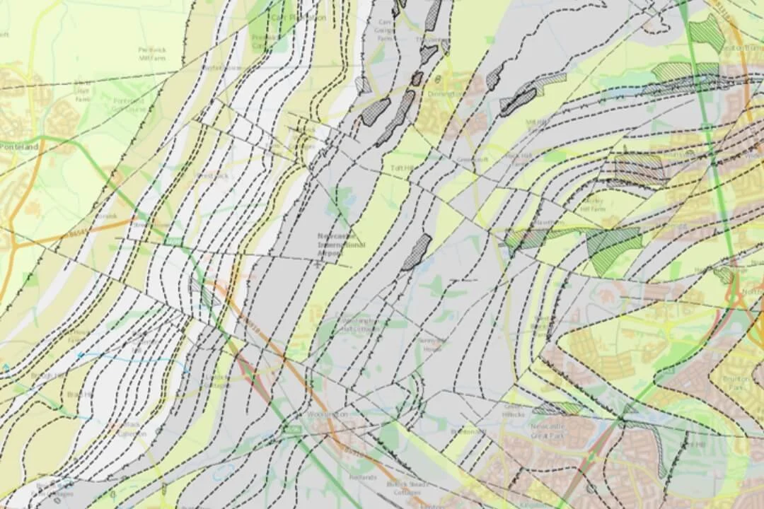 Geological map of Newcastle area showing fault lines and strata used in Phase 1 Desk Study reports