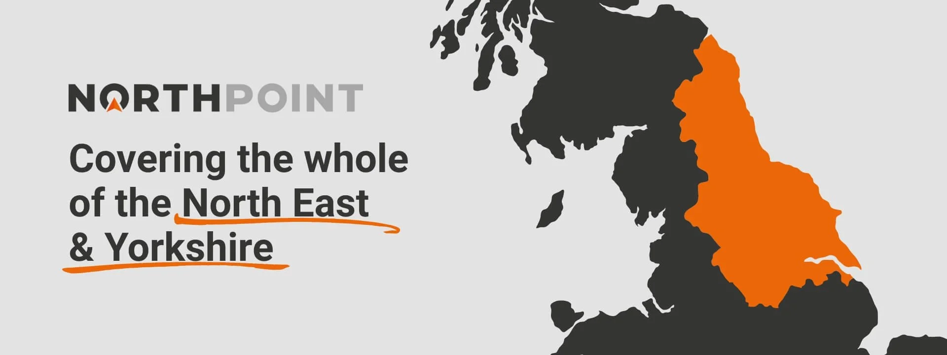 Map graphic highlighting North East and Yorkshire in orange with Northpoint branding, showing regional geotechnical and ground investigation services.
