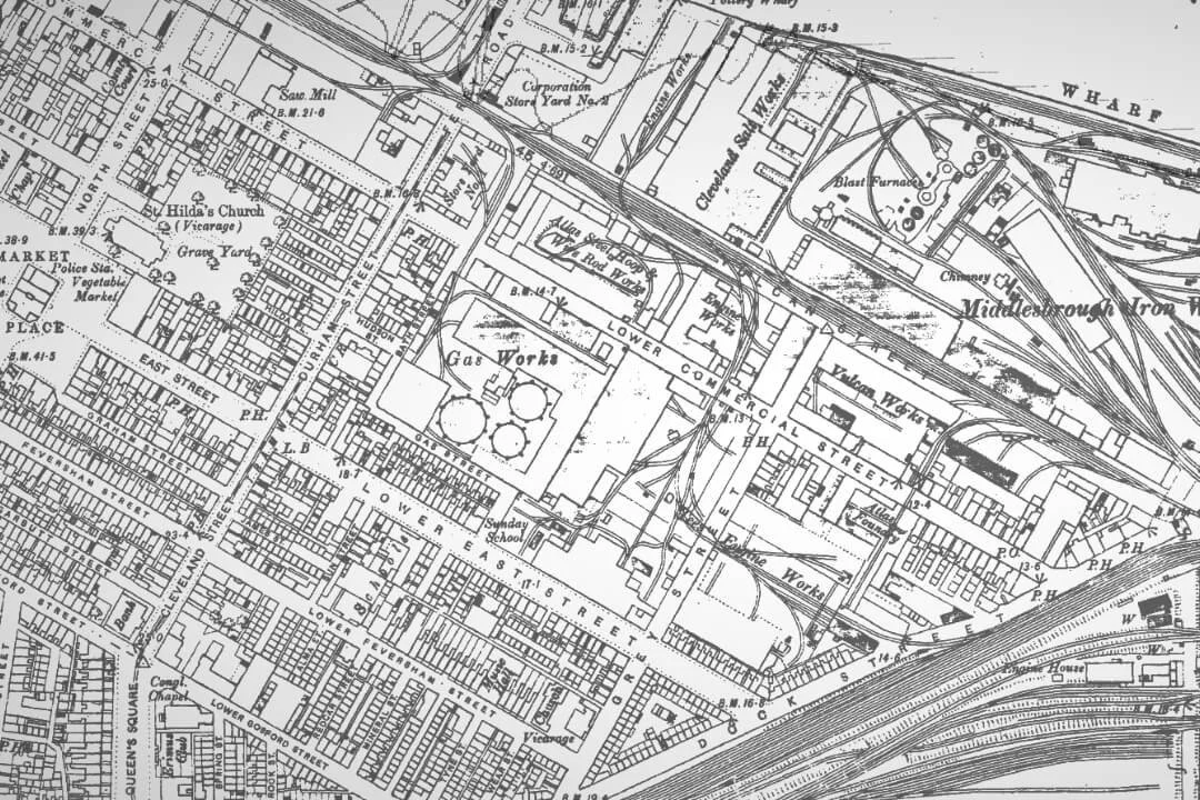 Historic map of Middlesbrough industrial area including gas works, used in desk study historical land use assessment