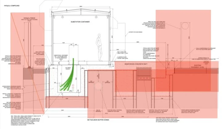 Engineering drawing of reinforced concrete base and substation container design.