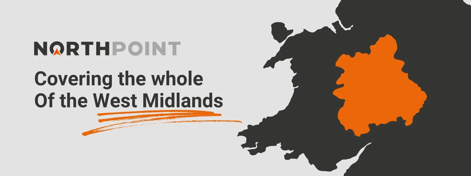 Map graphic highlighting the West Midlands region in orange with Northpoint branding, showing geotechnical and geoenvironmental consultancy coverage.