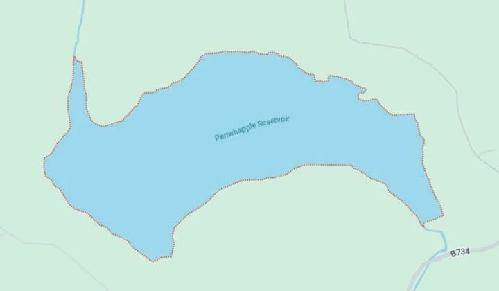Map view of Penwhapple Reservoir used in Northpoint Geotechnical’s site investigation and reservoir safety assessment.