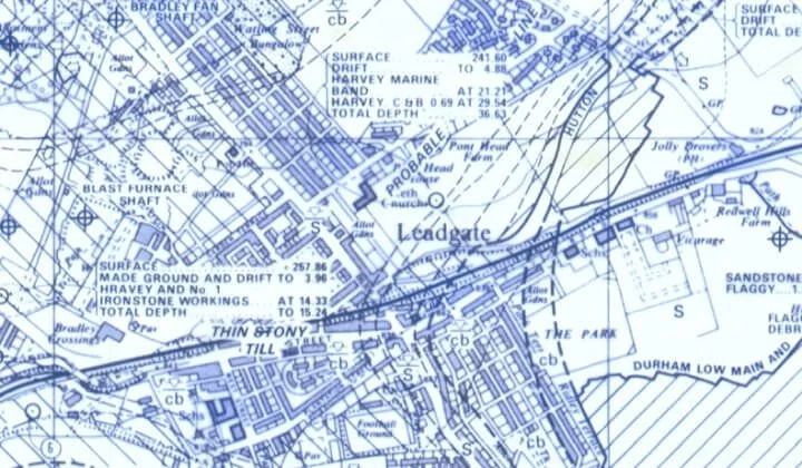 Historic mining map of Leadgate, Consett showing coal and ironstone workings assessed during Northpoint Geotechnical’s Coal Mining Risk Assessment.