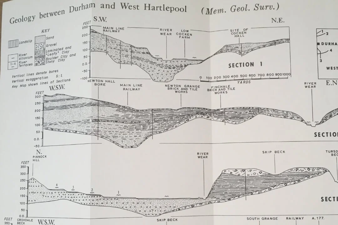 Geological cross-sections between Durham and West Hartlepool used to interpret strata and ground conditions for the Preliminary Risk Assessment.