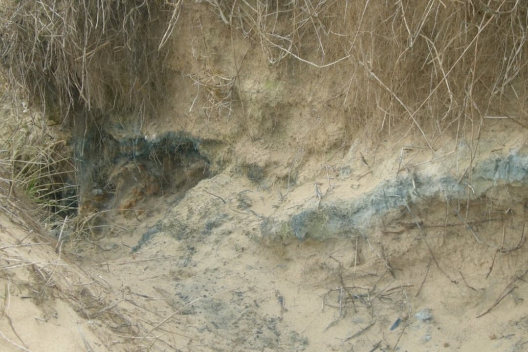 Exposed soil layer showing contamination and discolouration, highlighting potential ground hazards identified during a geological assessment.