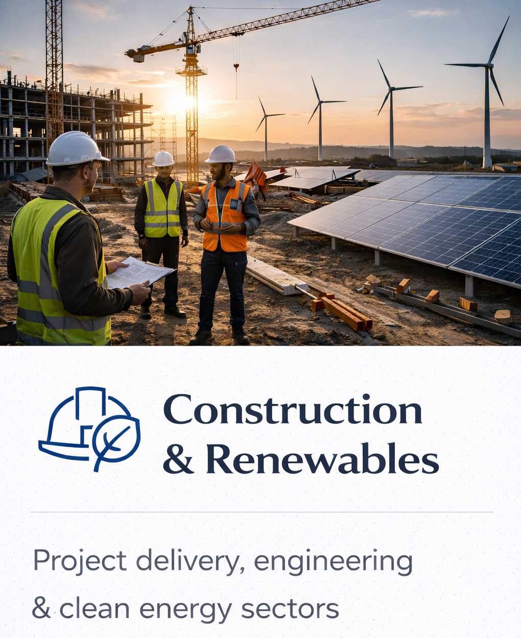 Construction site featuring wind turbines and solar panels with three workers wearing safety vests and helmets, discussing during sunset.