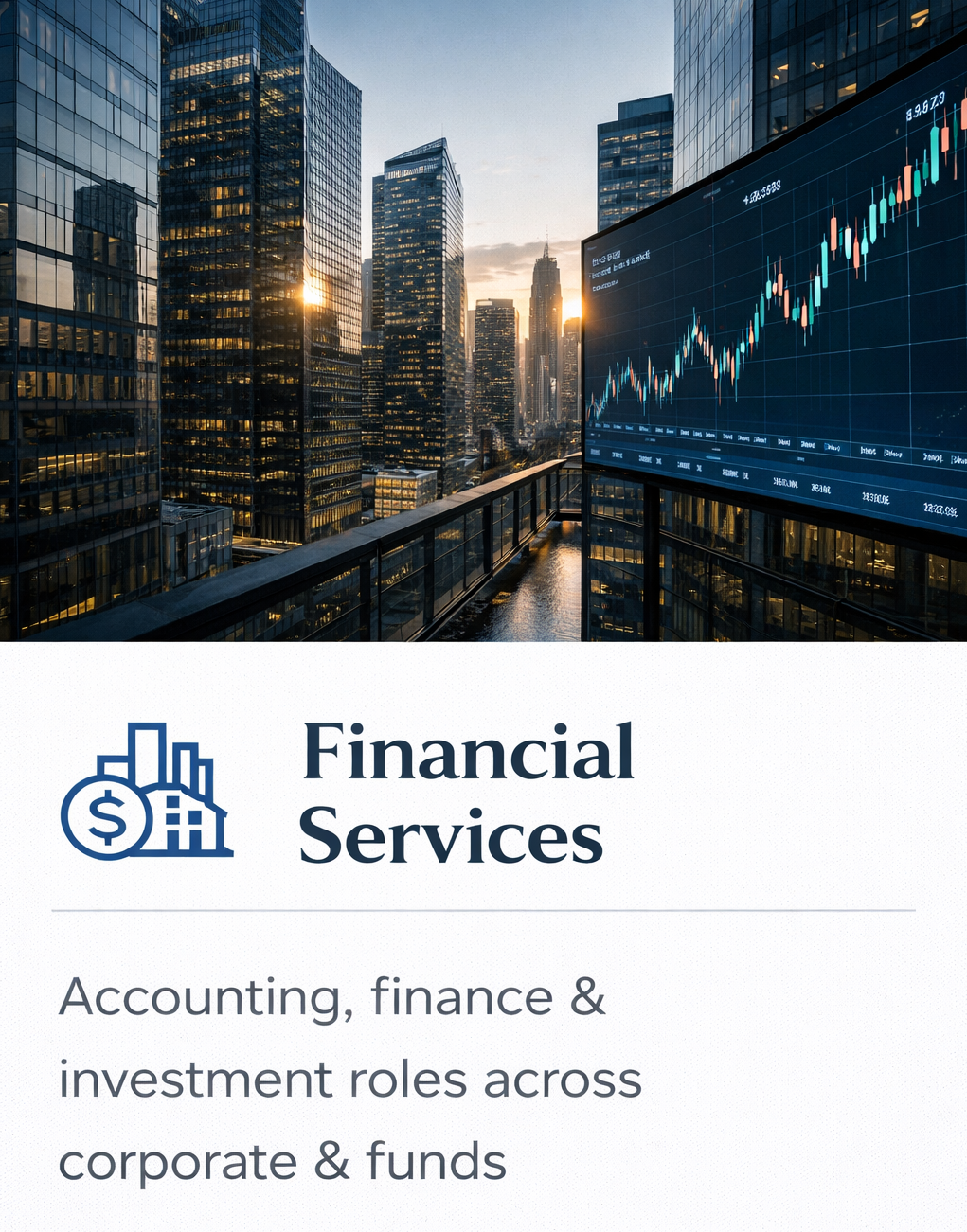 A cityscape of tall skyscrapers at sunset with a large electronic stock market display showing upward trending financial charts.