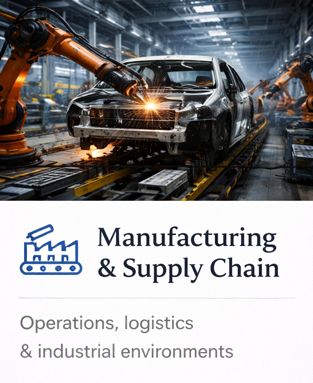 Industrial factory with robotic arms welding a car on an assembly line.