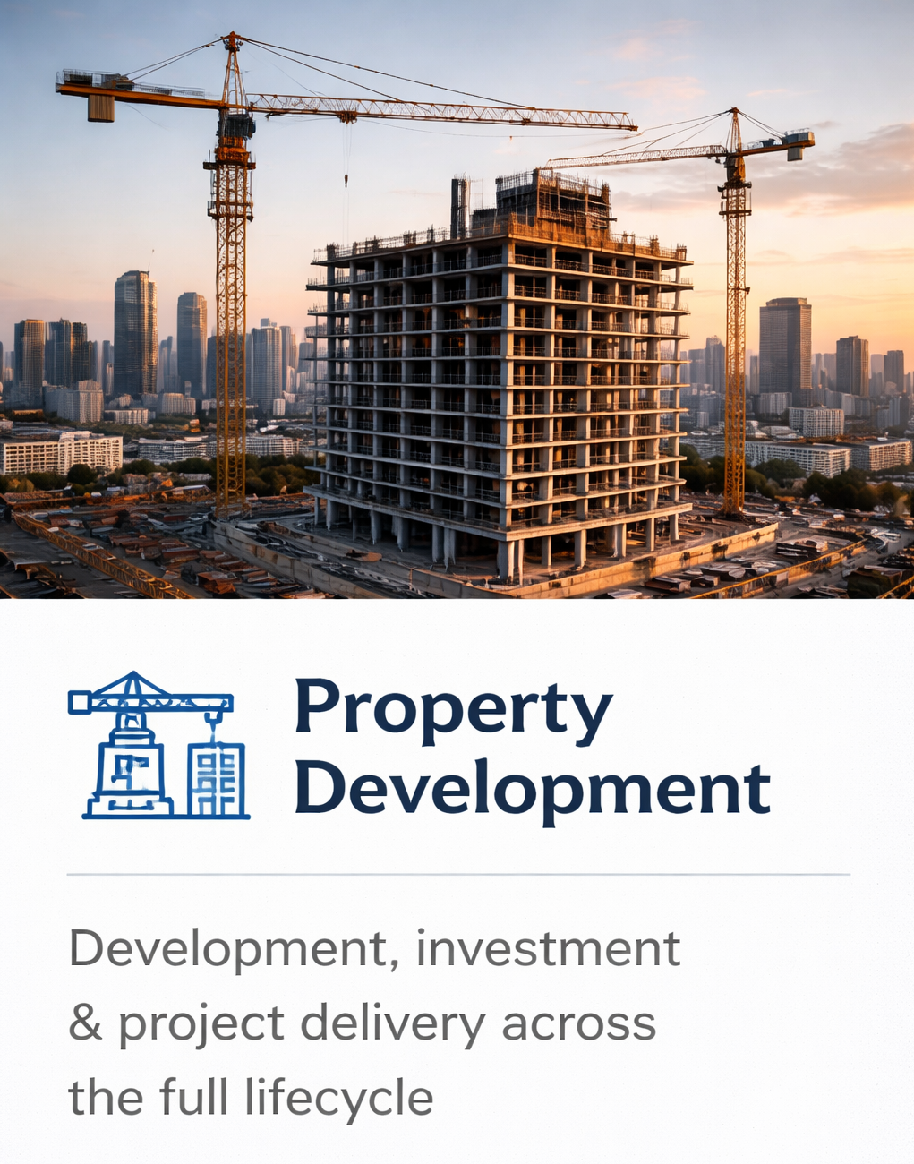 A high-rise building under construction with two large cranes on either side, set against a city skyline at sunset.