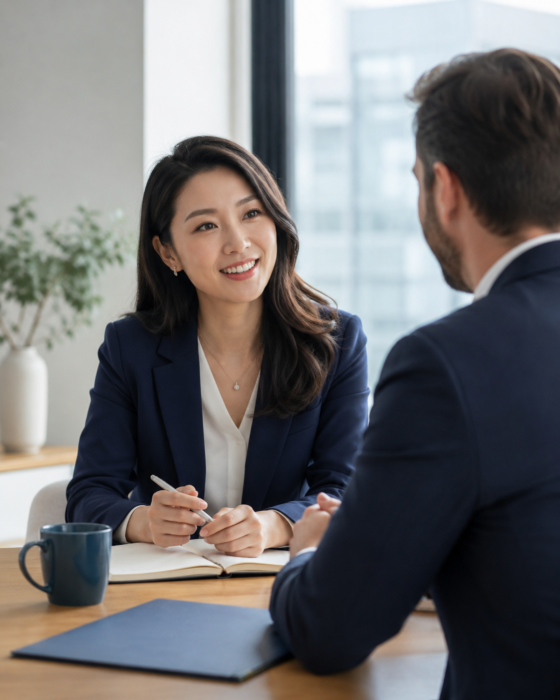 A woman in a blue blazer talking to a man in a business suit during a meeting in a modern office with large windows and a plant in the background.