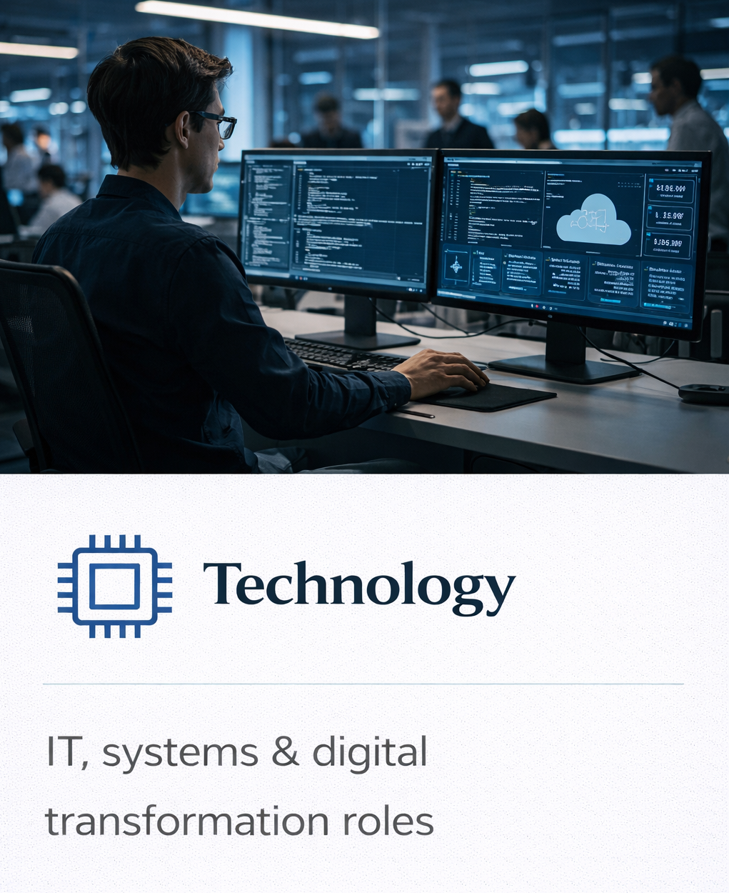 Man working on dual computer monitors with code and cloud graphics in a modern office.