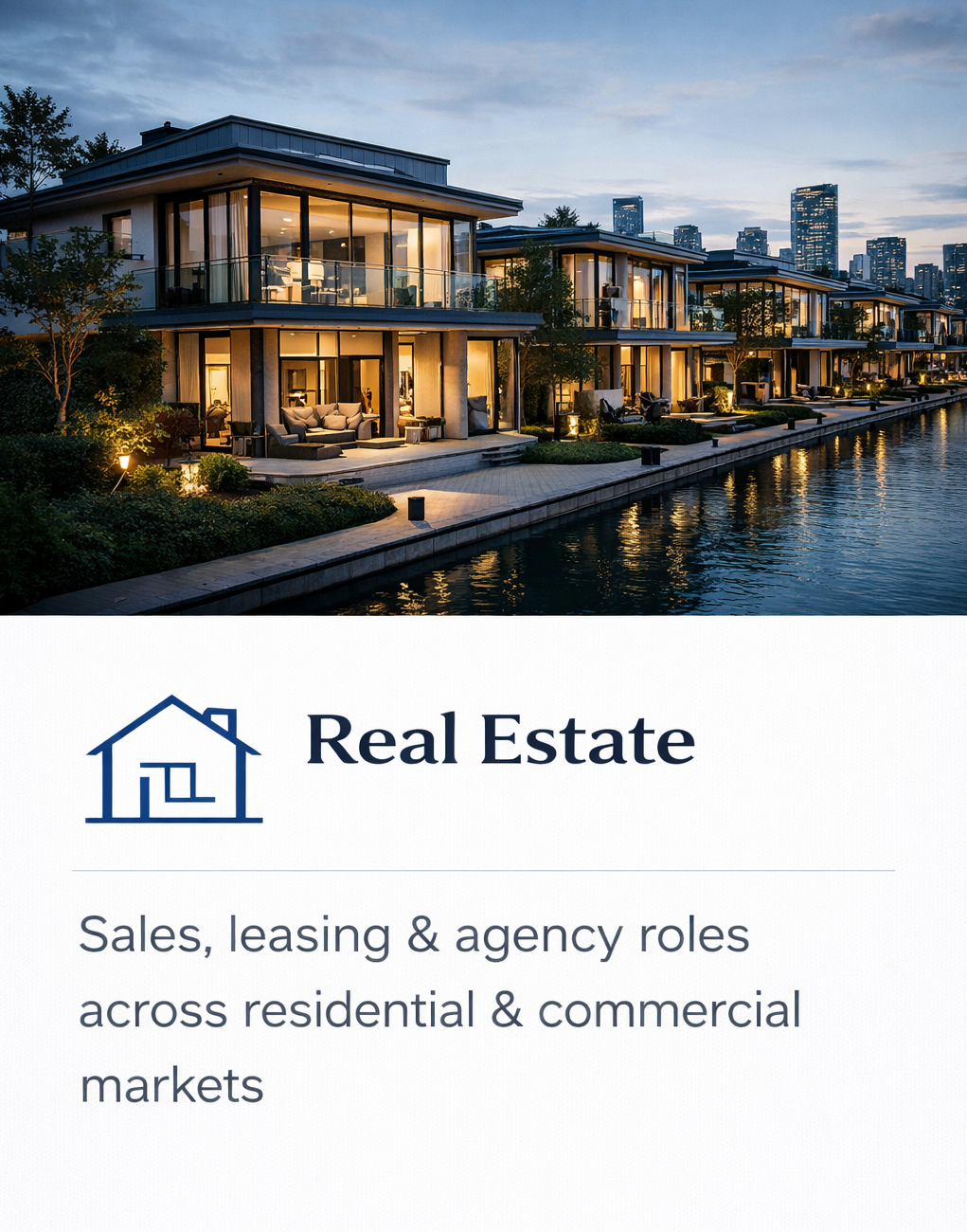 Nighttime image of modern luxury homes along a canal, with illuminated interiors and city skyline in the background, representing real estate.