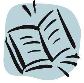 Open book with a pen resting on it, depicted in a simple, sketchy style.